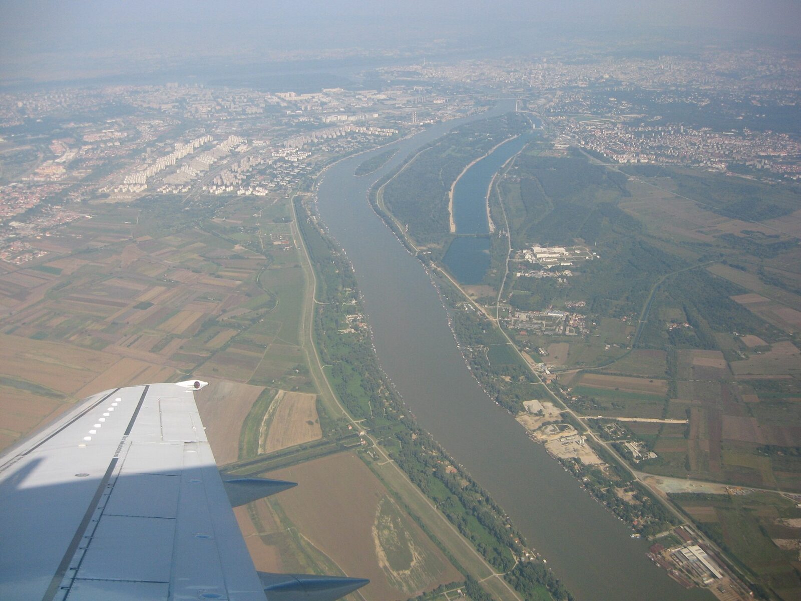 An aerial view of the Ada Ciganlija island, its lake and the surrounding Sava riverbank