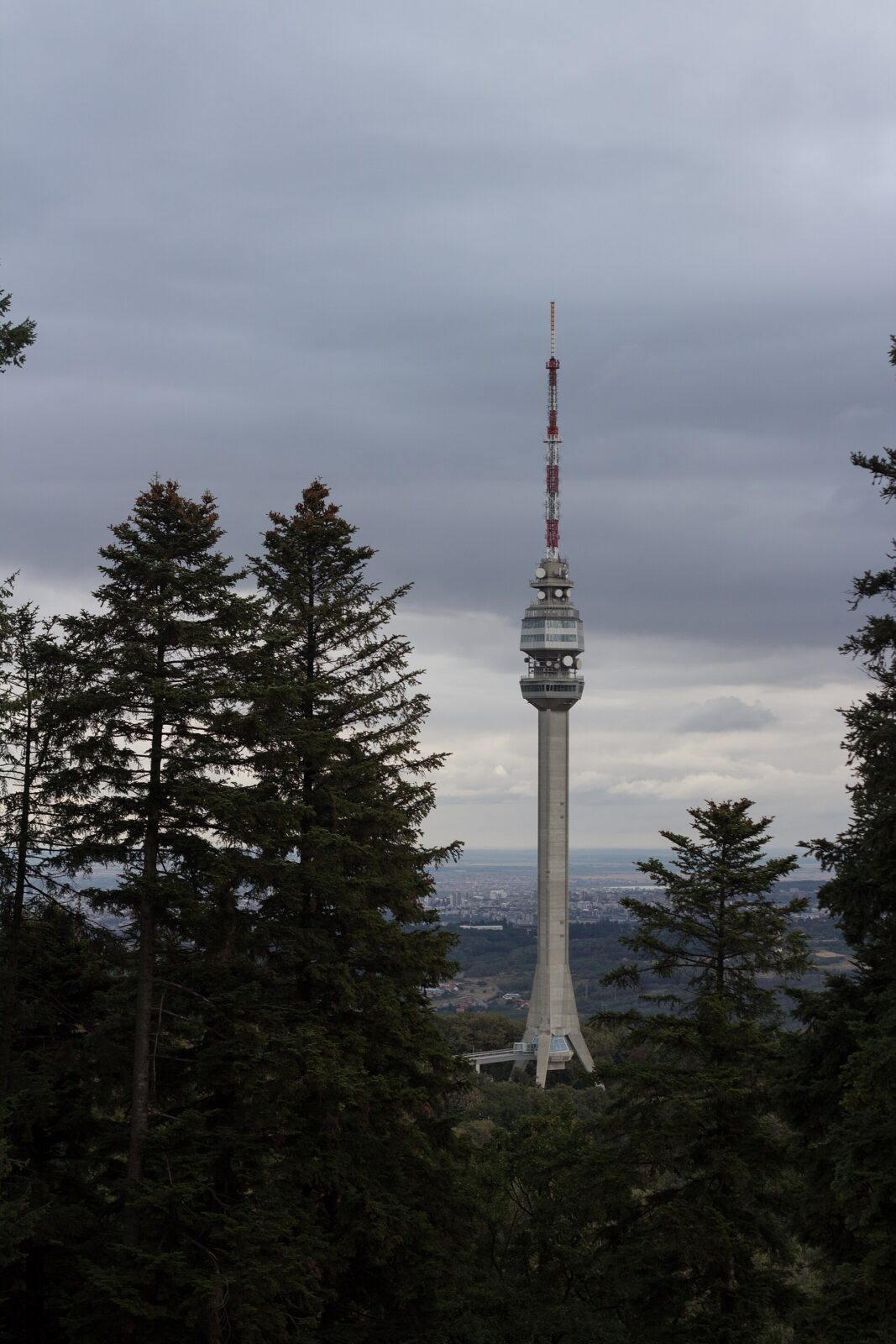 The Avala Tower seen from below through the pine forest covering the hill
