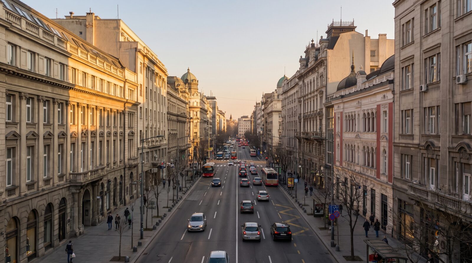 Traffic moving along a broad avenue in central Belgrade on a clear day