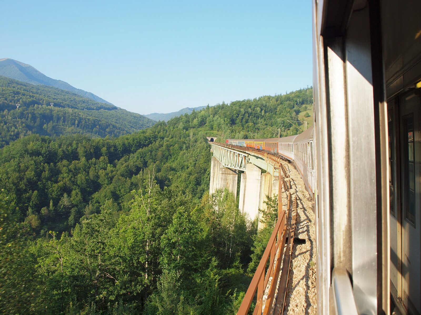 Un treno attraversa un viadotto boscoso sulla linea Belgrado-Bar