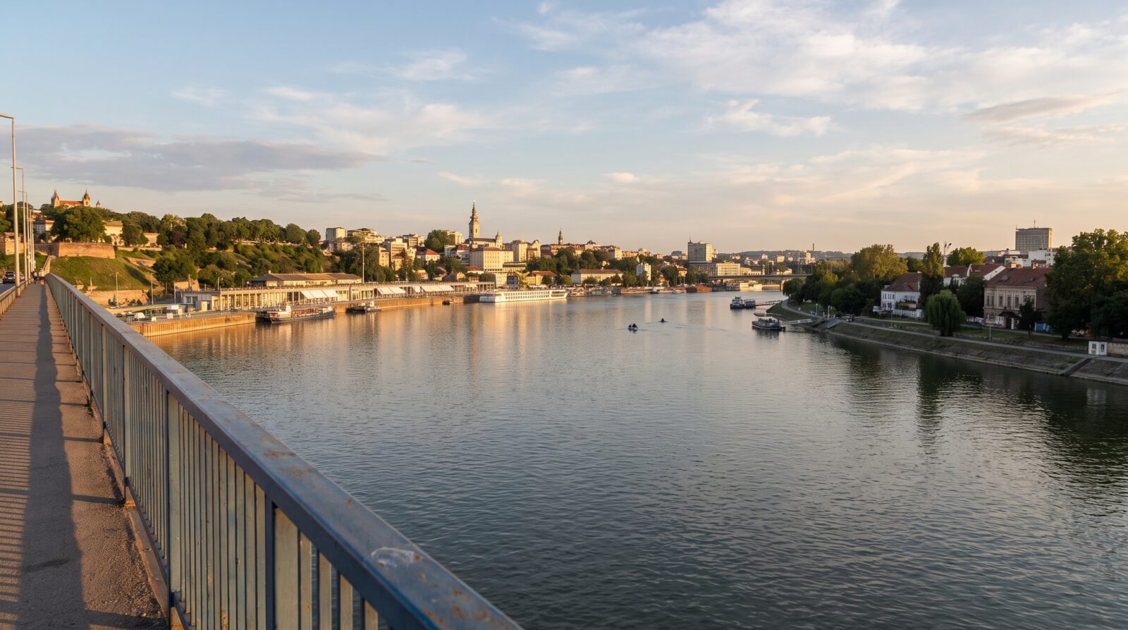 A view of the Belgrade skyline and the Sava river, seen from a bridge along the road from the airport