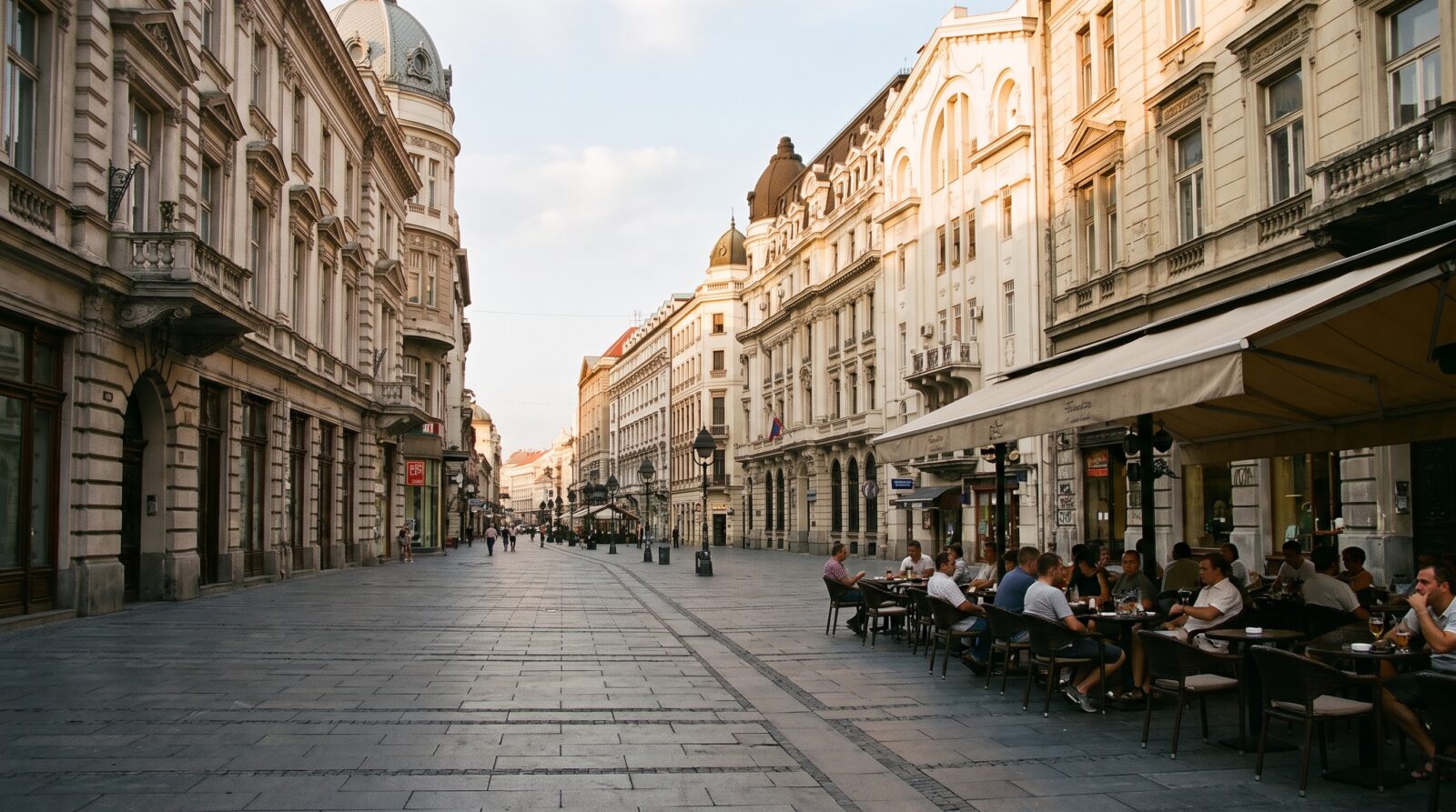 A pedestrian street in Belgrade's old town, with cafe terraces and people walking