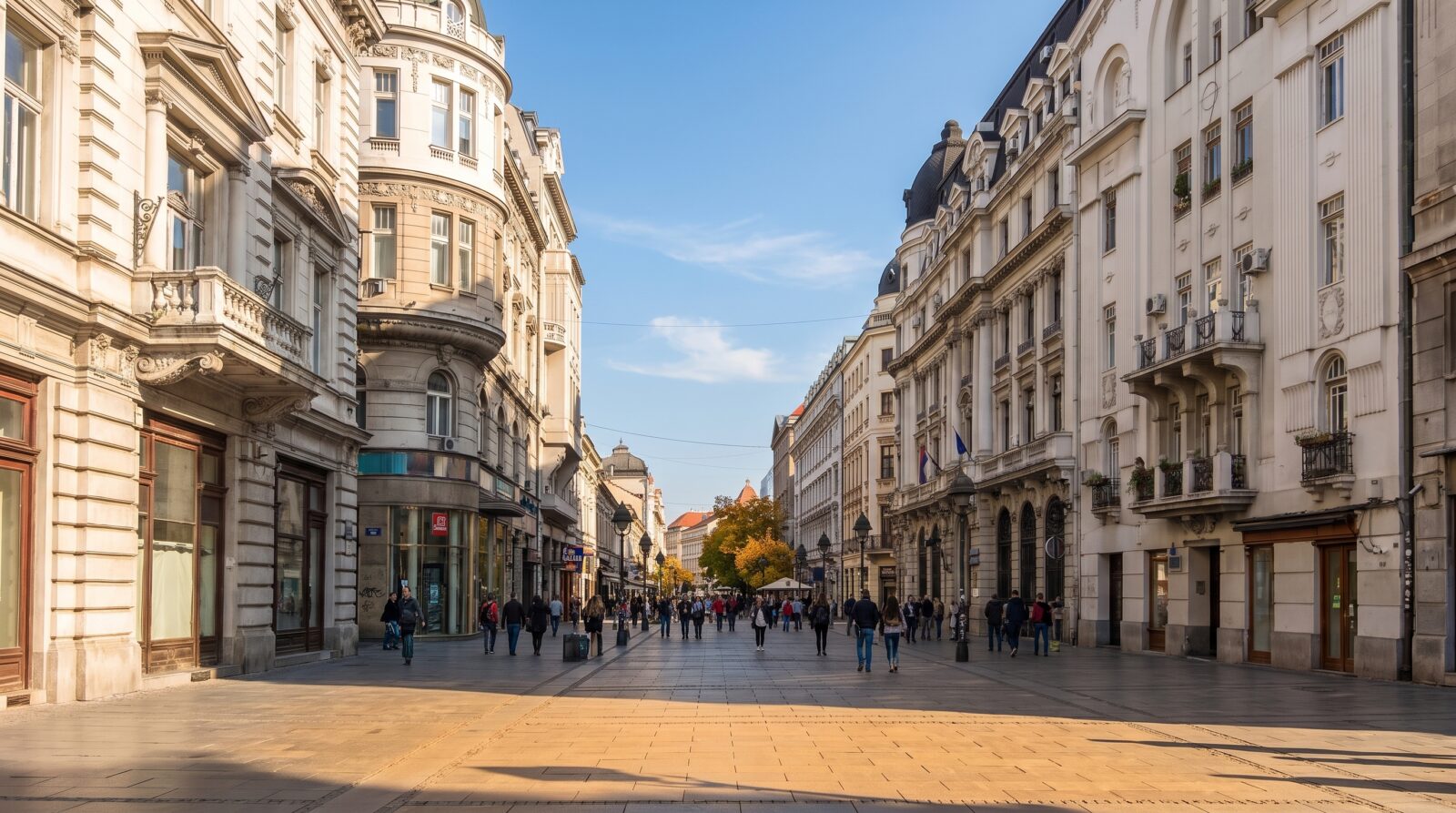 Pedestrians walking along the pedestrianised Knez Mihailova street in central Belgrade on a bright afternoon