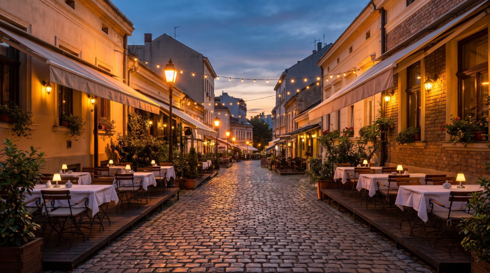 Outdoor tables and old kafana facades along a cobbled lane in Skadarlija, Belgrade, in the early evening