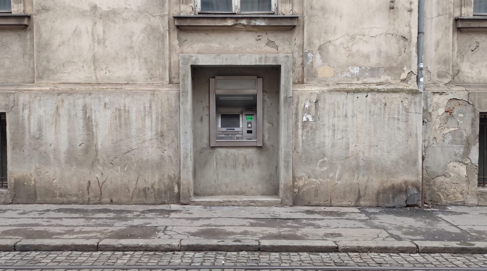 A bank ATM machine set into a building facade on a street in central Belgrade