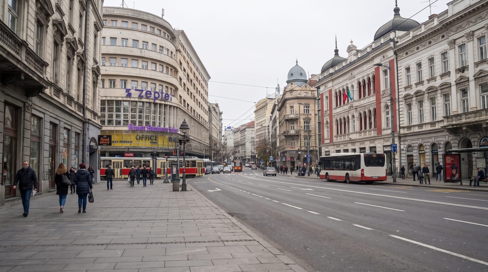 Traffic on Terazije, one of the wide central avenues of Belgrade