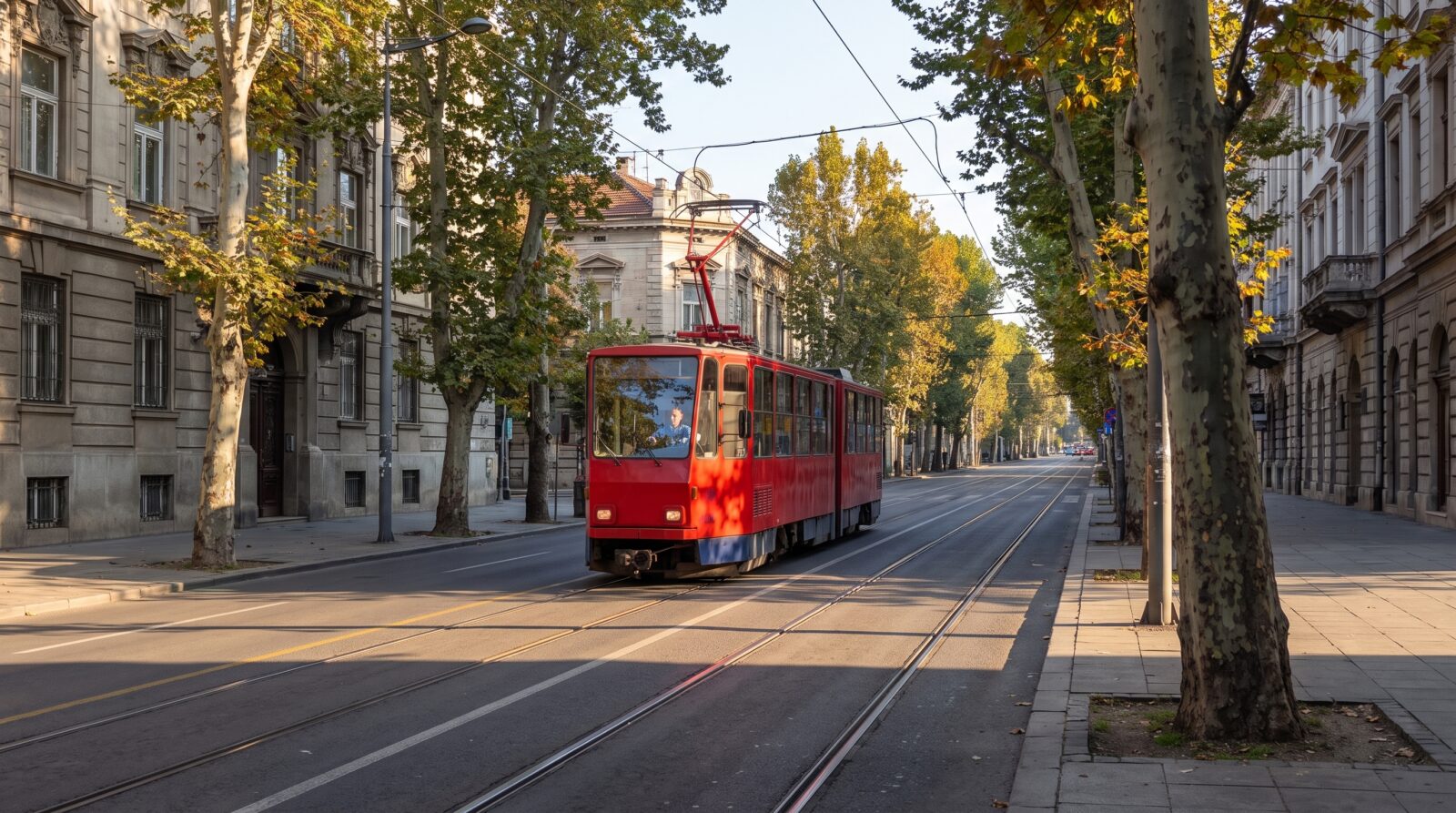 A red and white tram running along a tree-lined street in central Belgrade, with cars parked alongside