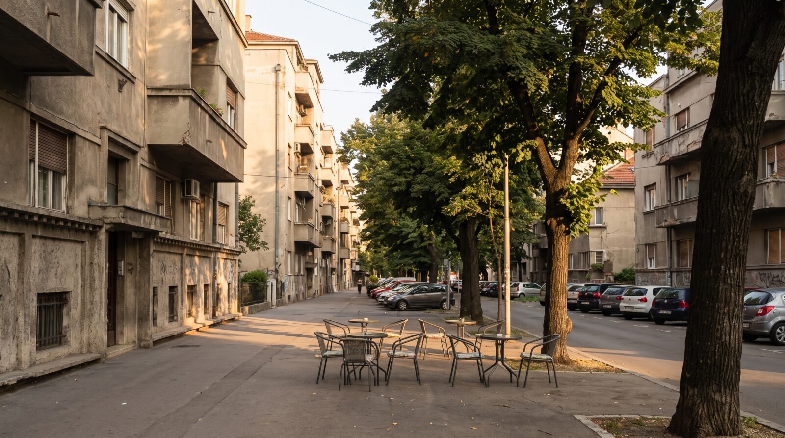 A quiet residential street near the Vracar plateau in Belgrade, with cafe tables set out on the pavement in the afternoon