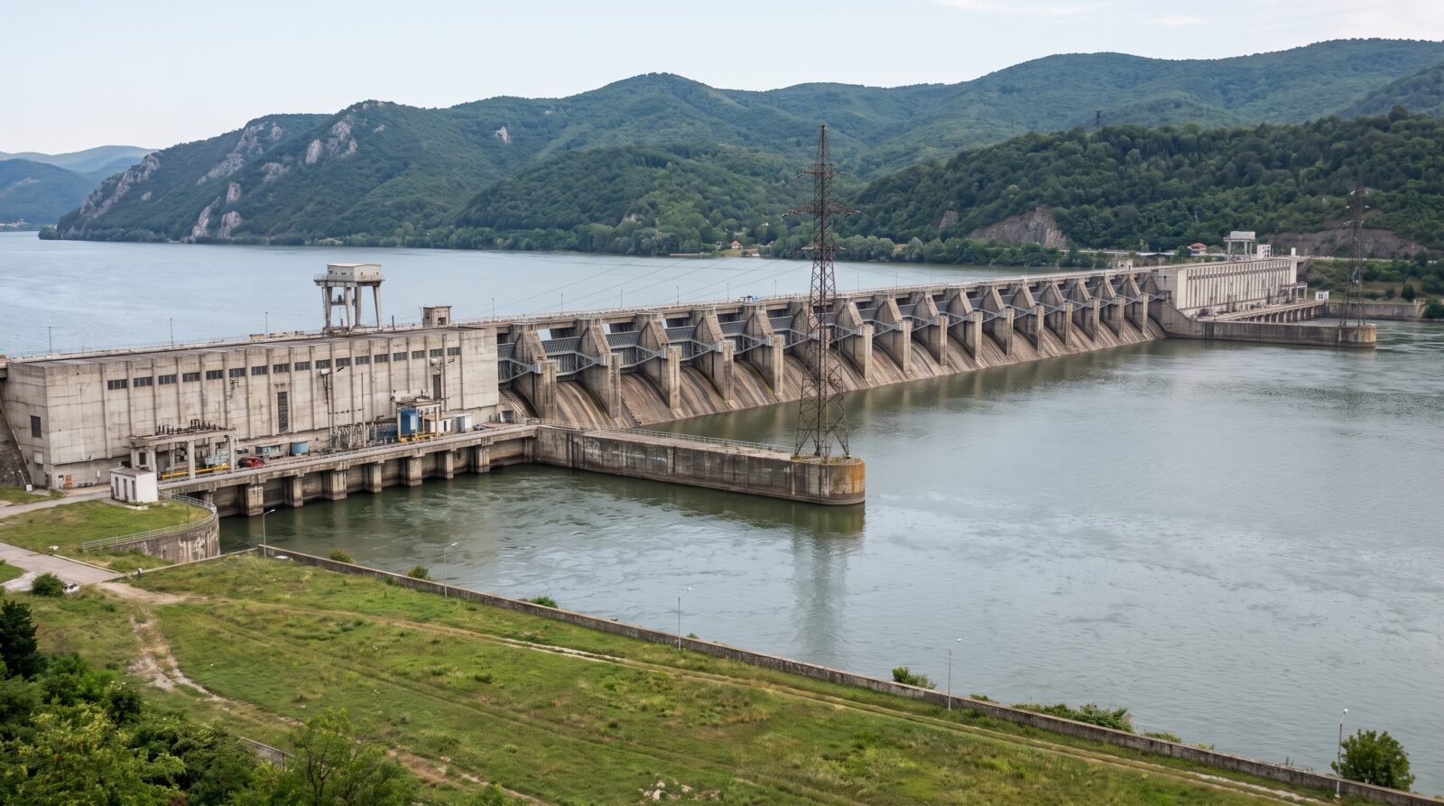 The Djerdap dam spanning the Danube, its spillway gates stretching across the full width of the river