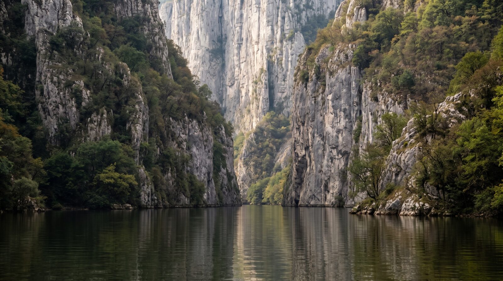 The Danube river squeezed between tall limestone cliffs inside the Iron Gates gorge