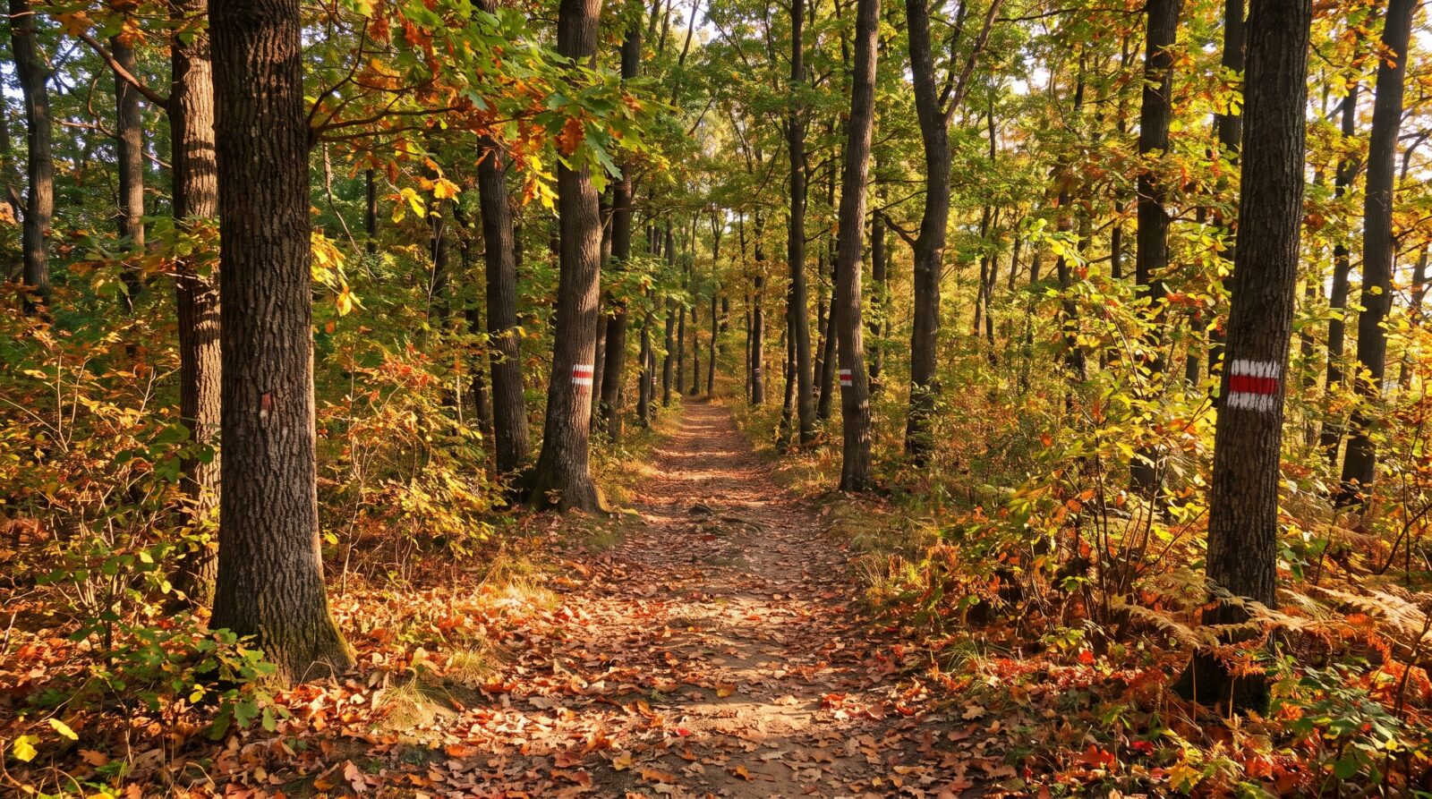 A marked hiking trail running through forest on Fruska Gora