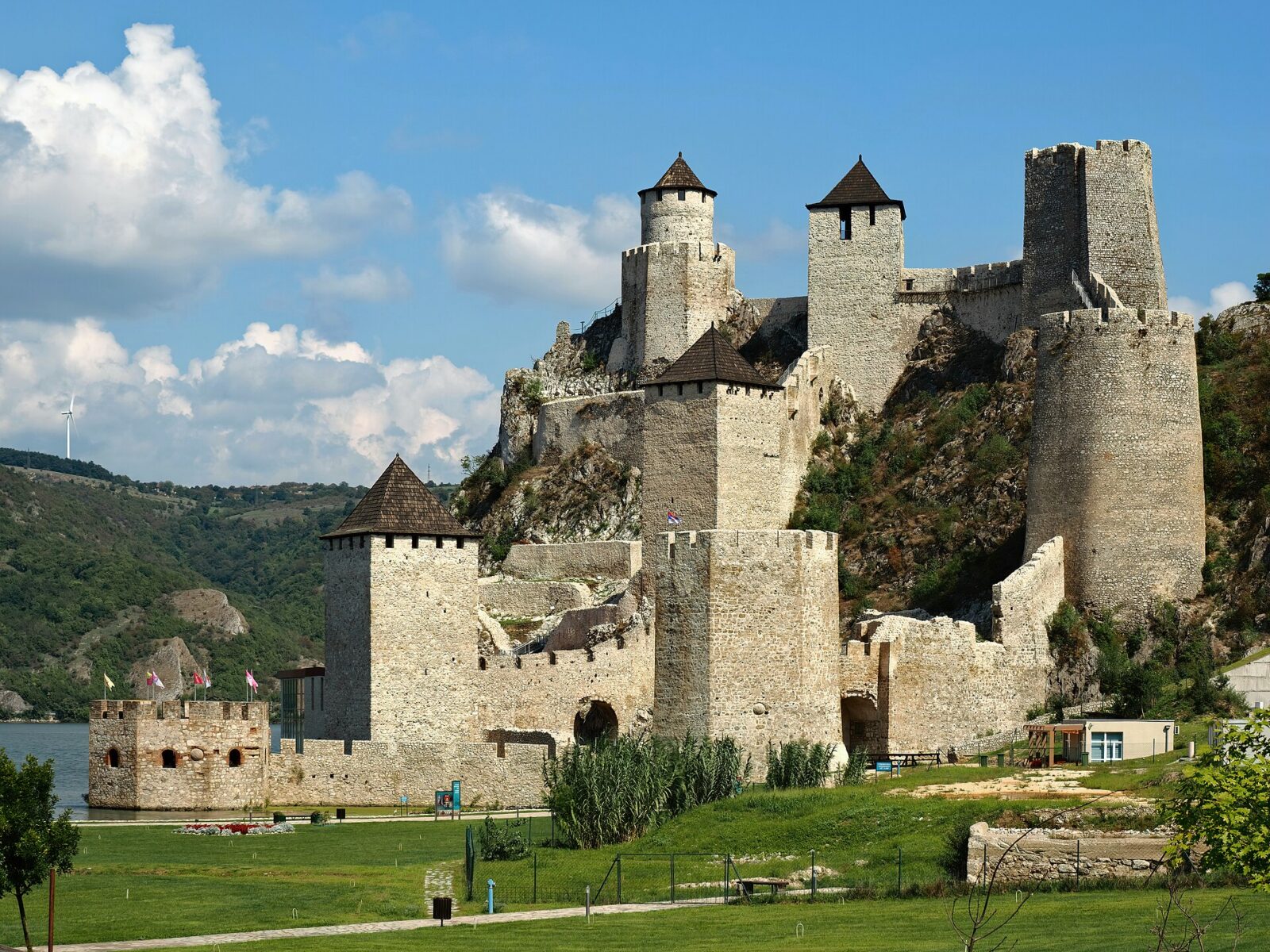 Golubac Fortress and its stone towers rising above the Danube, seen from the water