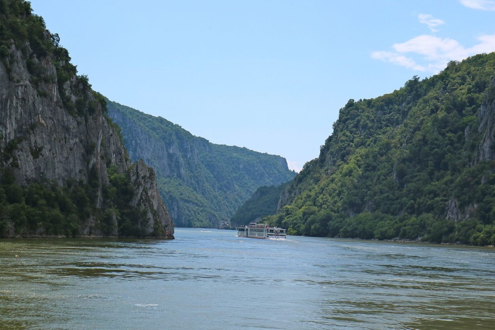 The Danube entering the Iron Gates gorge downstream from Golubac, hills rising steeply on both banks