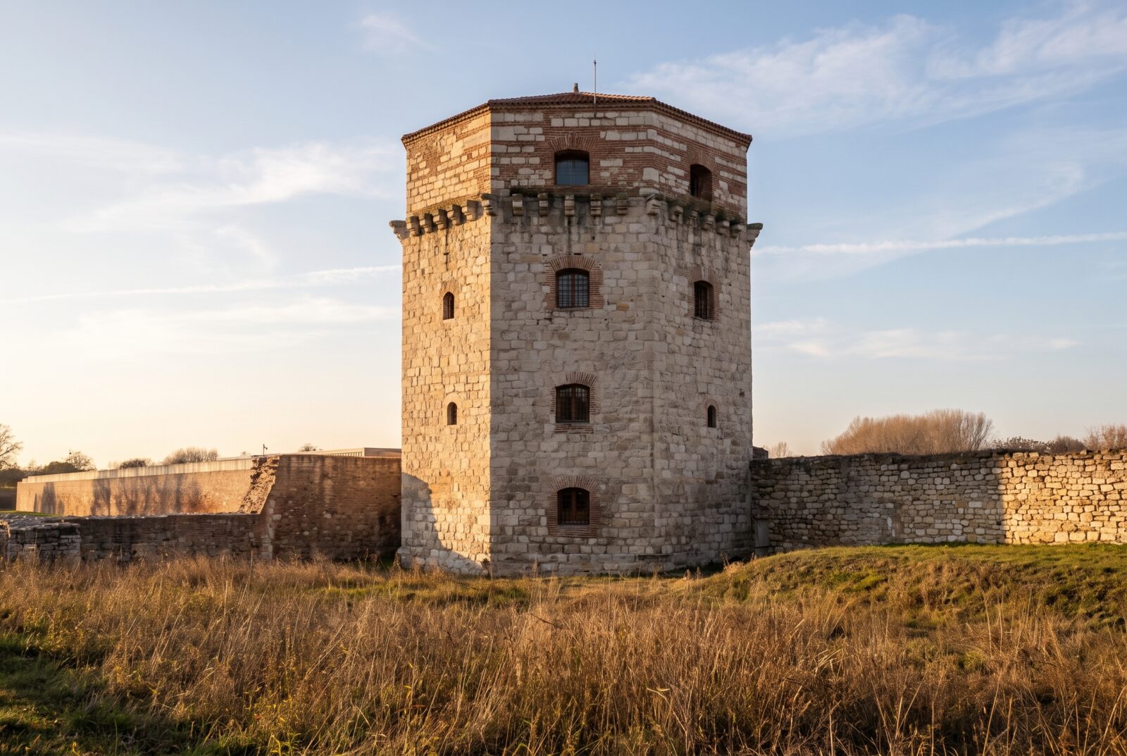 Octagonal medieval stone tower with a tiled roof and a corbelled parapet, standing beside the fortress rampart wall
