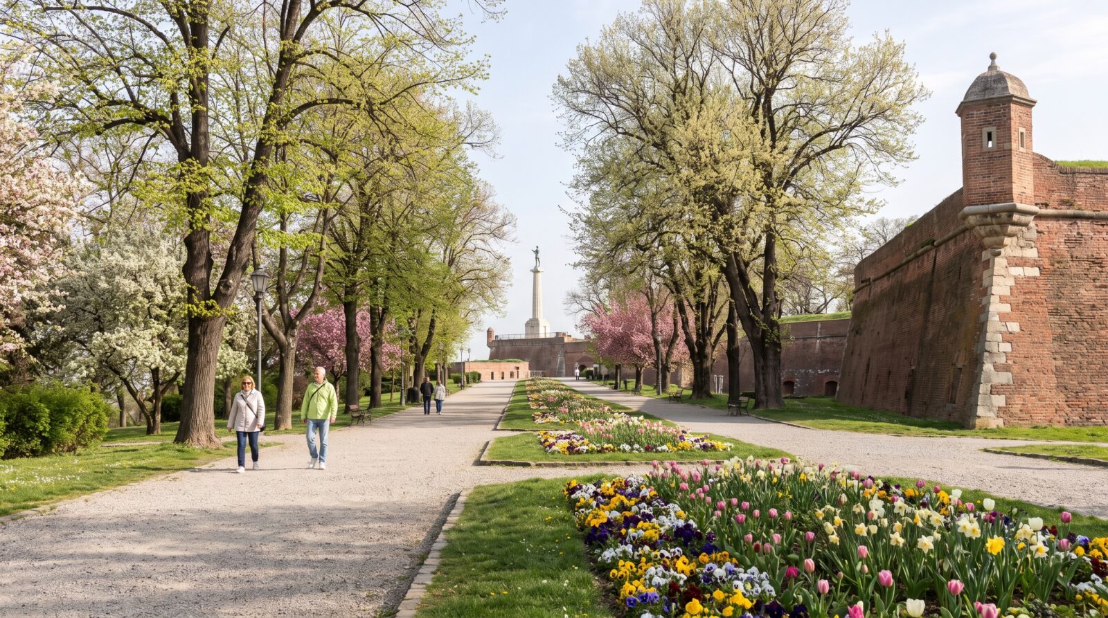Kalemegdan Park in Belgrade with trees in spring blossom