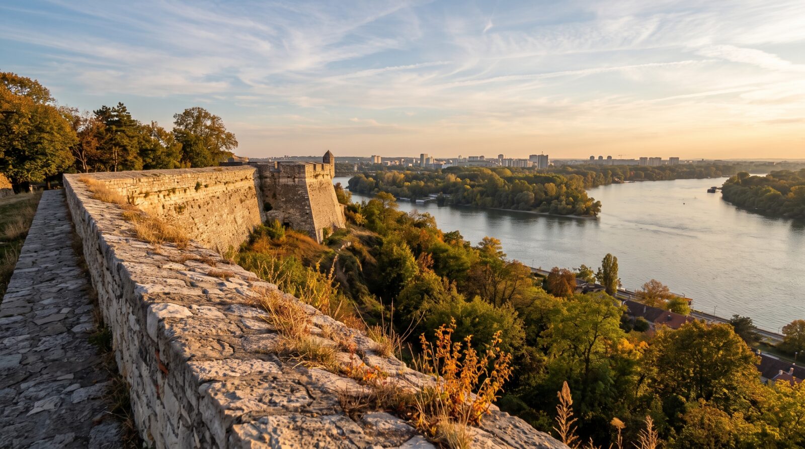 Stone ramparts of Belgrade Fortress above the confluence of the Sava and the Danube, seen from Kalemegdan park in late afternoon light