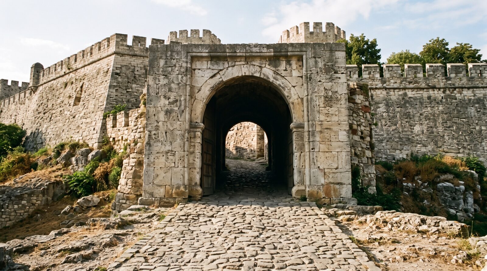 Arched stone gate of the fortress upper town, with thick walls and a cobbled approach