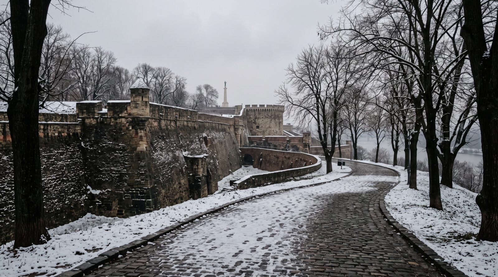 The fortress walls under a light dusting of snow on a grey winter afternoon