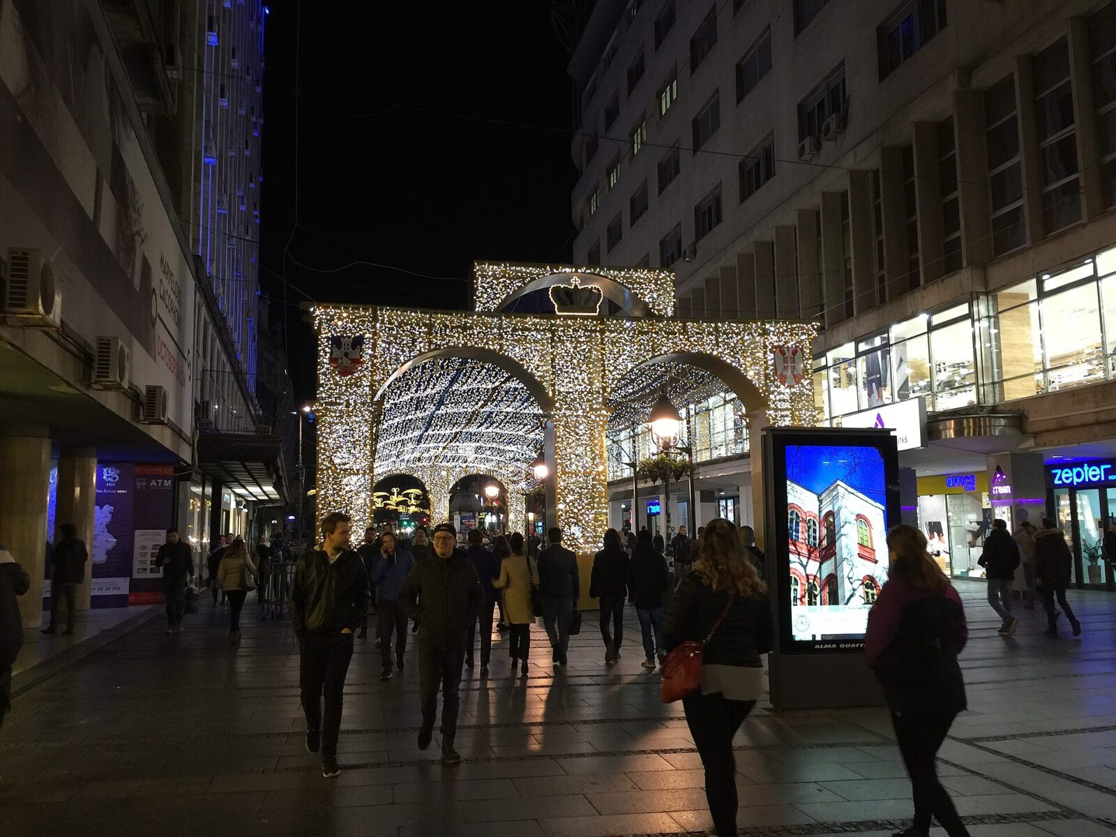 Knez Mihailova pedestrian street in Belgrade decorated with lights for Orthodox Christmas