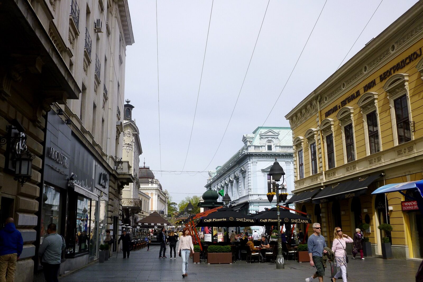 Knez Mihailova pedestrian shopping street lined with shopfronts in central Belgrade