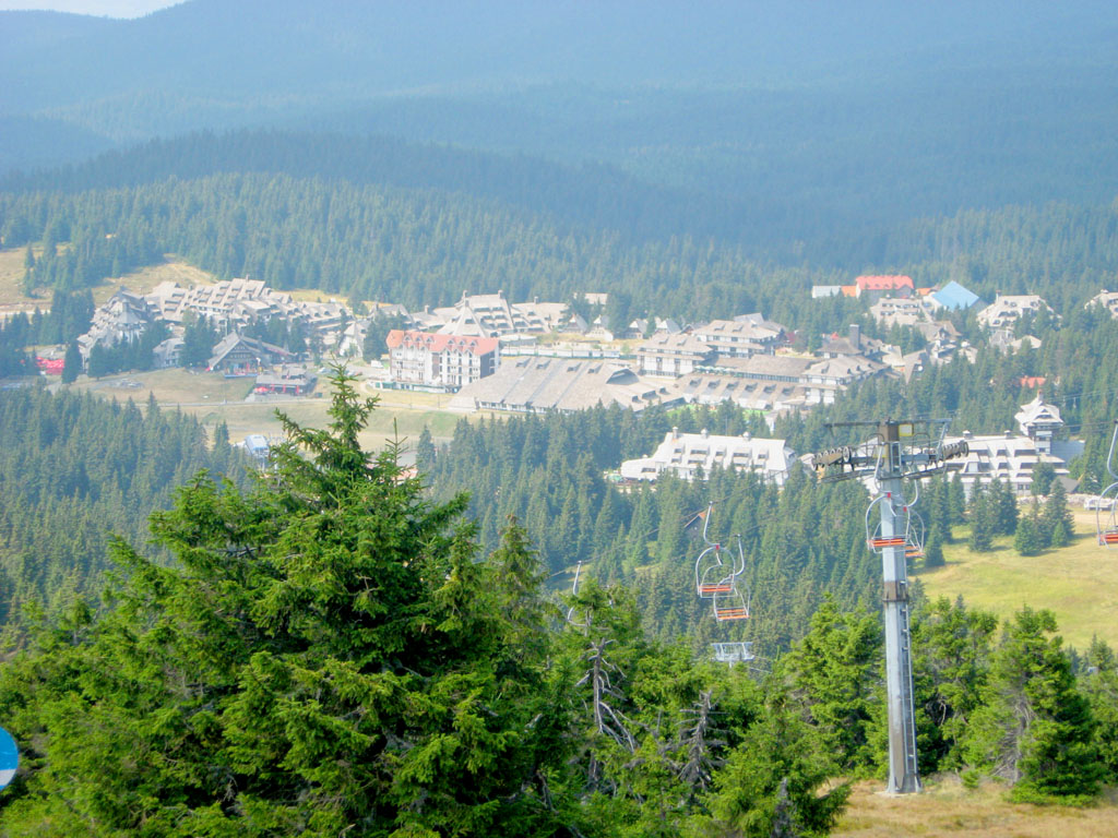 Kopaonik's resort buildings in the valley below a ski lift line, seen from the forested slopes above