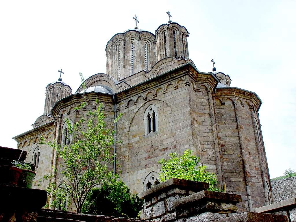 The domed towers of Manasija's Church of the Holy Trinity, seen from below