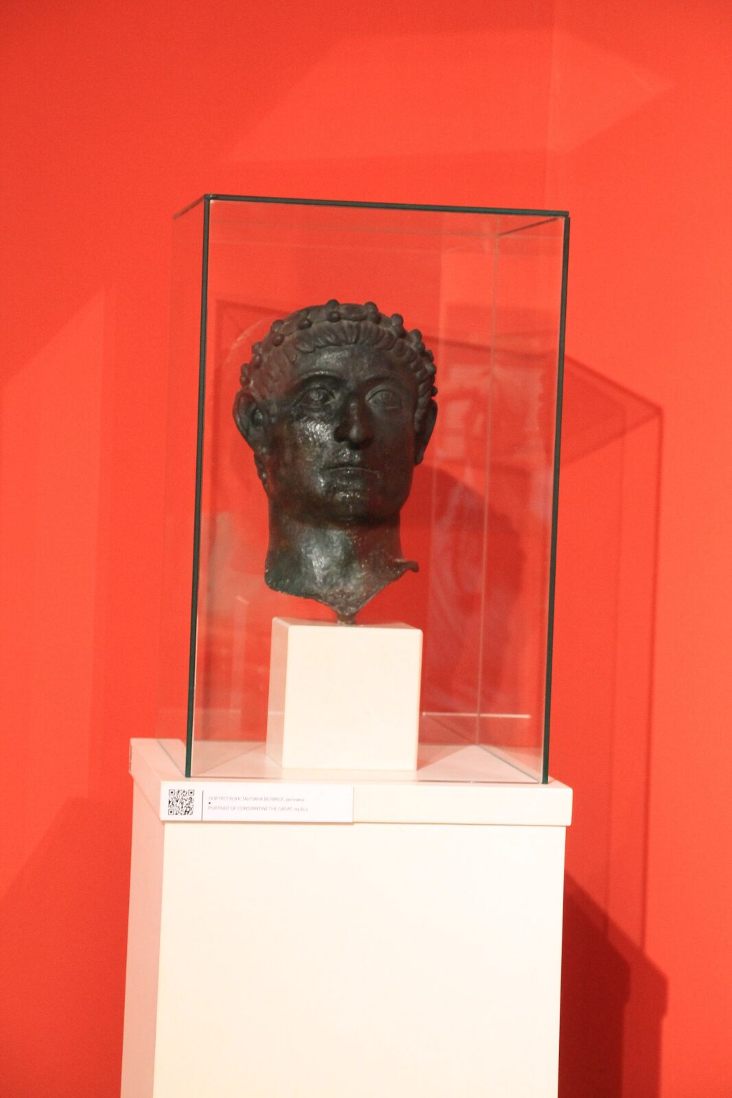 A bronze portrait bust of Constantine the Great recovered from Mediana, on display