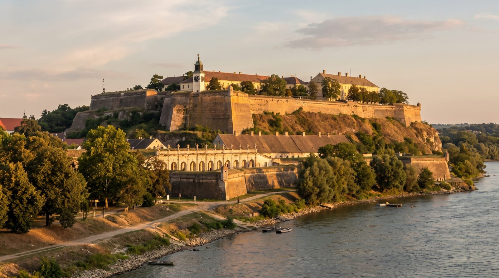 Petrovaradin Fortress and its ramparts seen from across the Danube river
