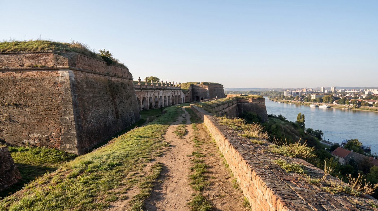 A section of the stone ramparts and bastions of Petrovaradin Fortress