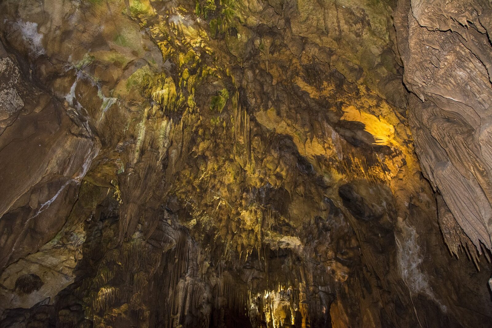 Stalactite formations on the ceiling of one of Resava Cave's chambers