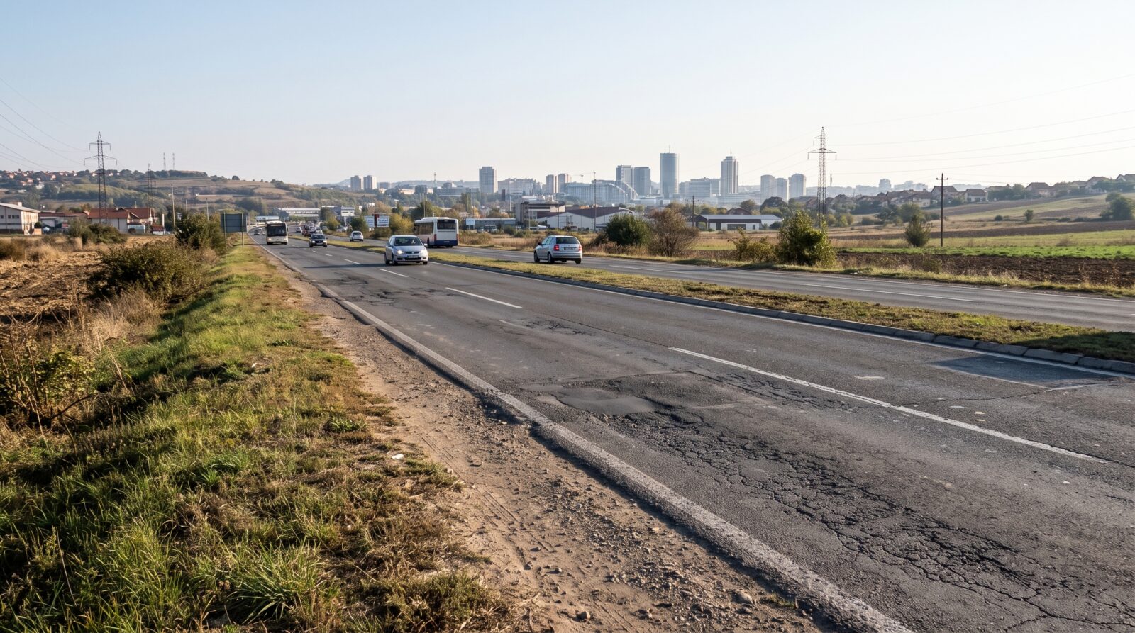 A road leading toward the Belgrade skyline in the distance, with other traffic driving in the same direction