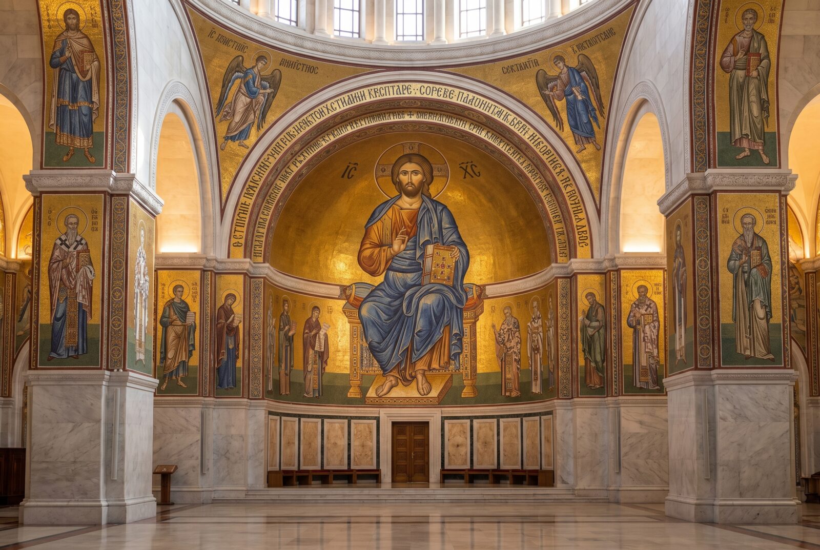 The apse mosaic of Christ Pantocrator above the altar of the Temple of Saint Sava