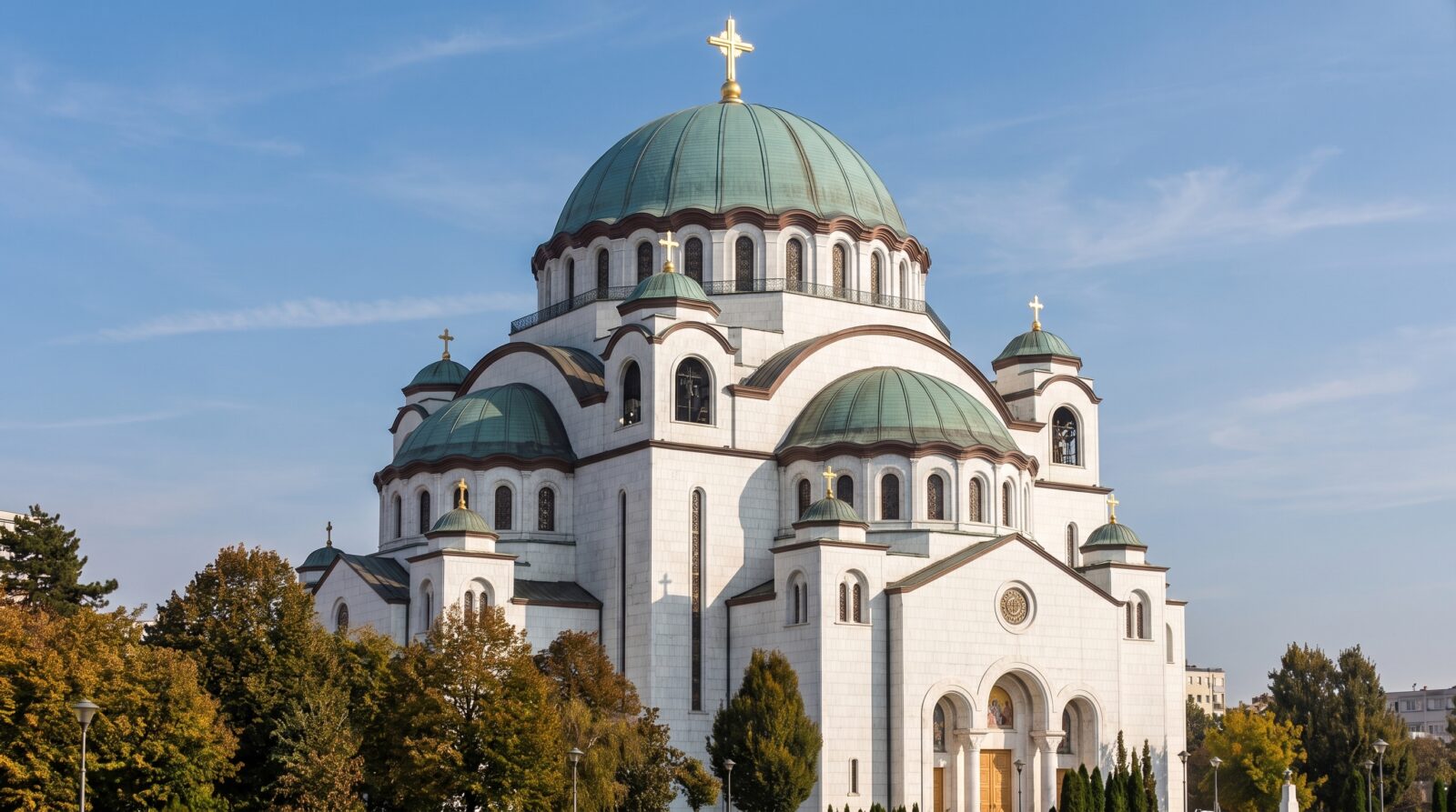 The large domed Temple of Saint Sava rising above the trees of the Vracar plateau in Belgrade