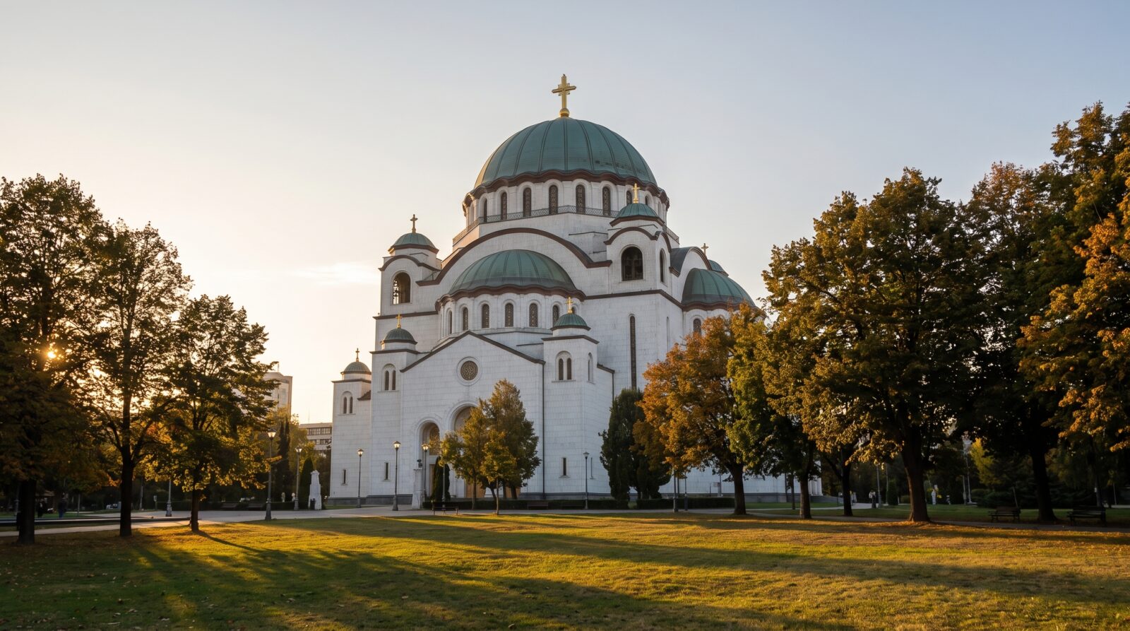 The Temple of Saint Sava seen from across Karadjordjev park, with trees framing the approach