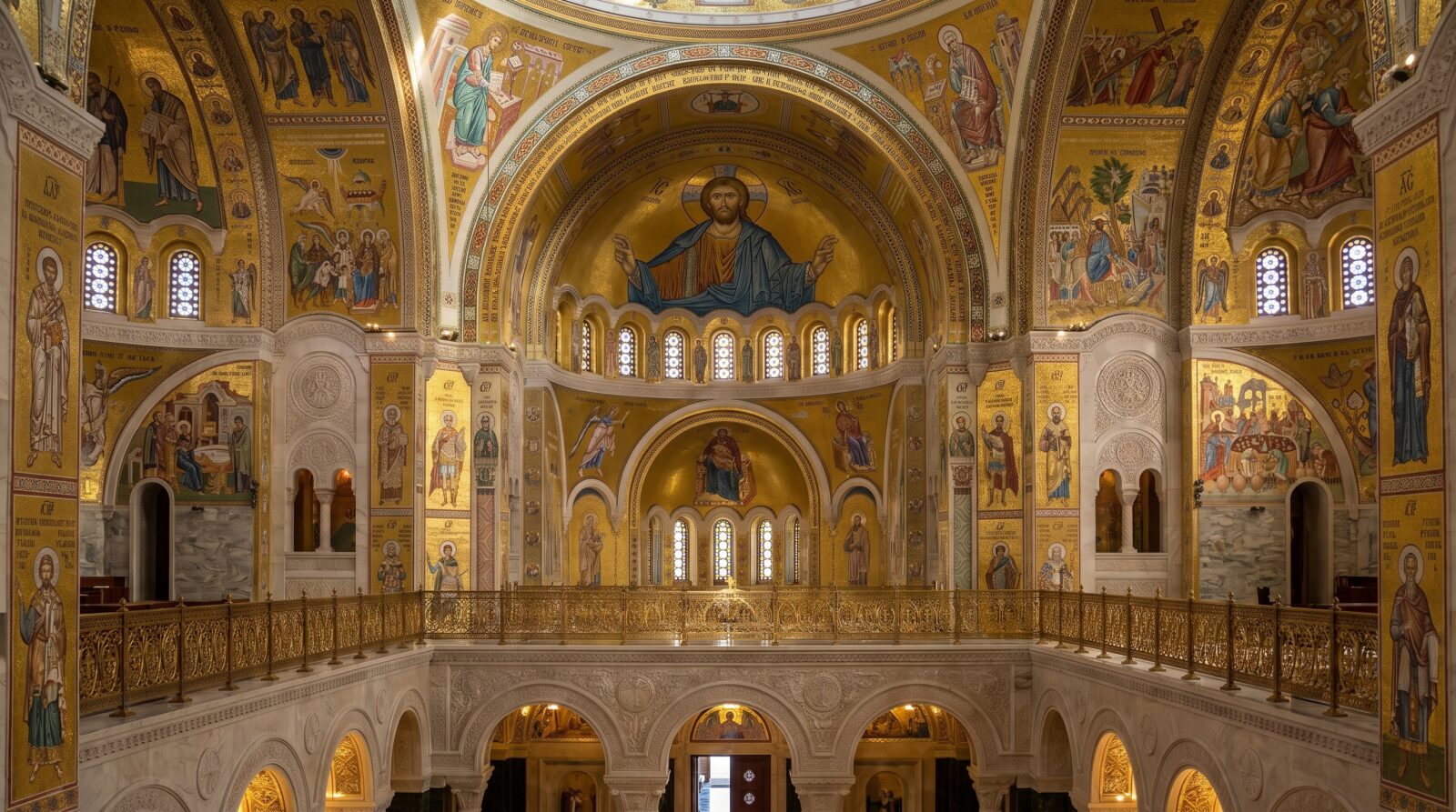 The upper galleries of the Temple of Saint Sava, their balustrades running below the mosaic vaults