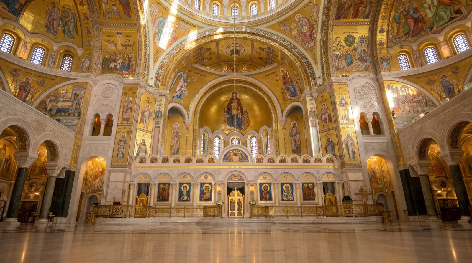 The gold mosaic interior of the main nave of the Temple of Saint Sava, looking towards the iconostasis