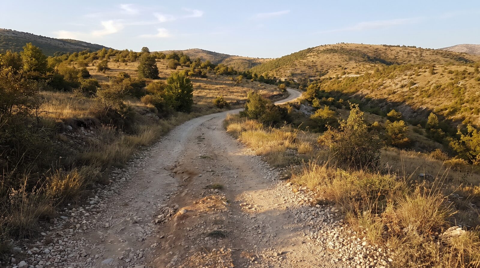A quiet gravel road runs through hills in a remote part of southern Serbia