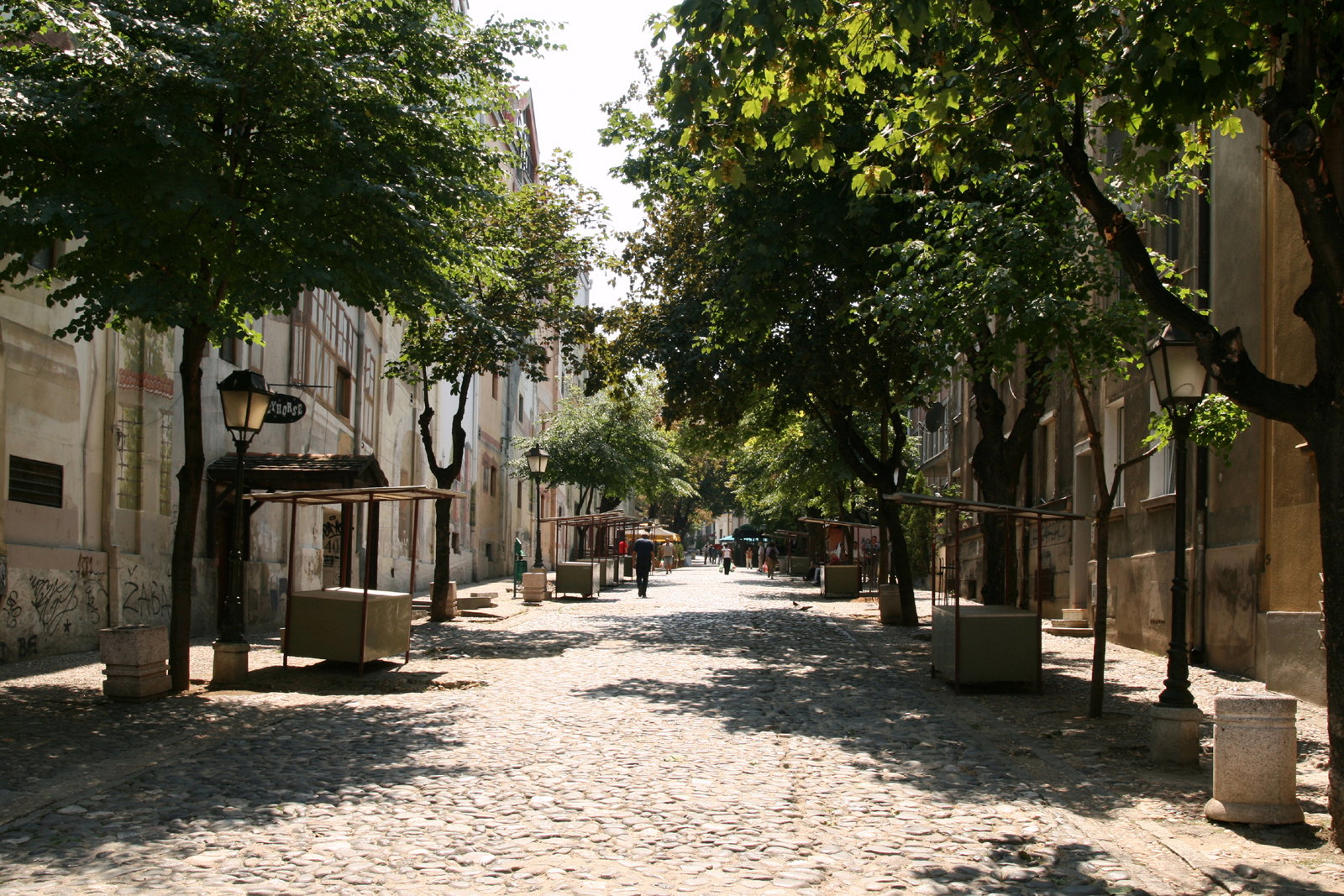 The cobbled street of Skadarlija in Belgrade, lined with old low buildings and shaded by plane trees