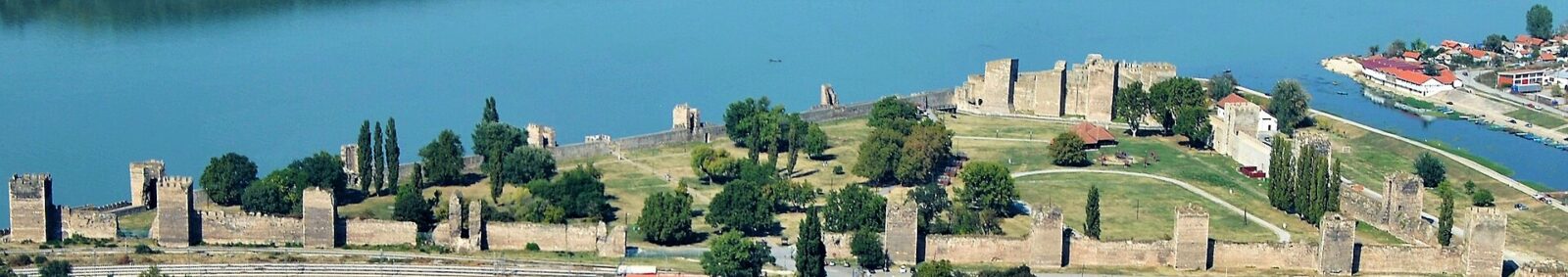 The medieval walls and towers of Smederevo Fortress at the confluence of the Jezava river and the Danube