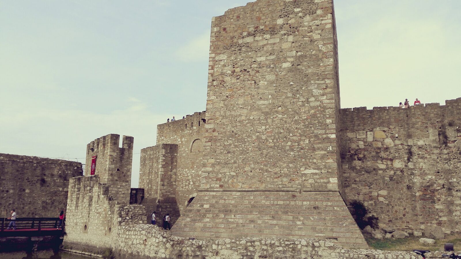 One of the medieval towers along Smederevo Fortress's ramparts, seen from the bridge into the Small Town