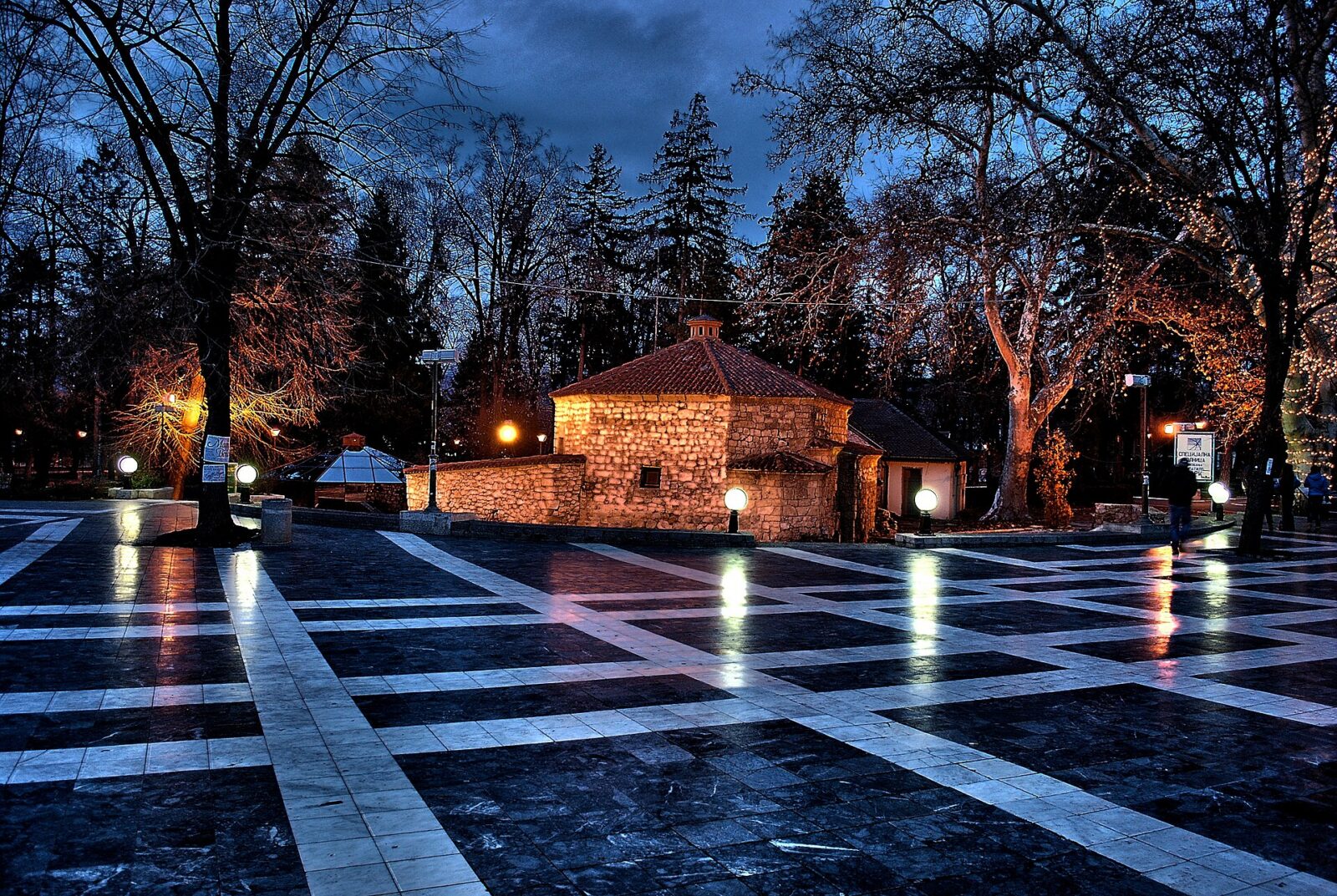 The Amam bath building at dusk, on Sokobanja's spa square