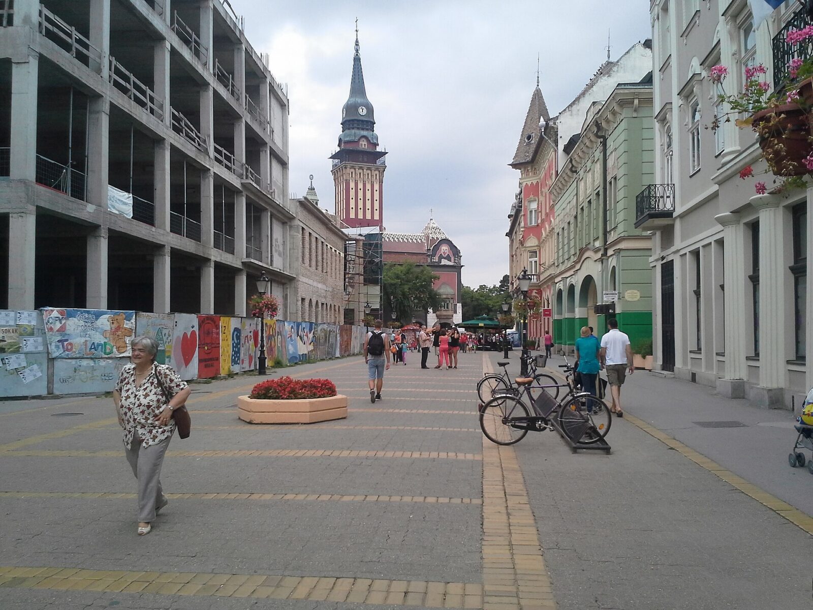 The pedestrian Korzo in central Subotica, with the Town Hall tower rising above the street