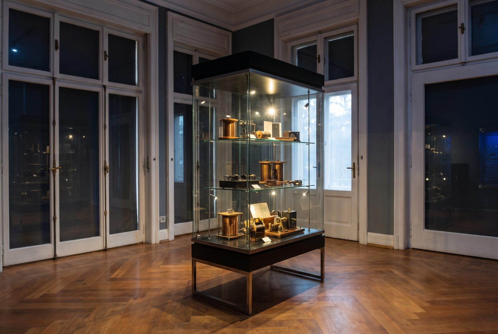 A display case in the room where the urn holding Nikola Tesla's ashes is kept