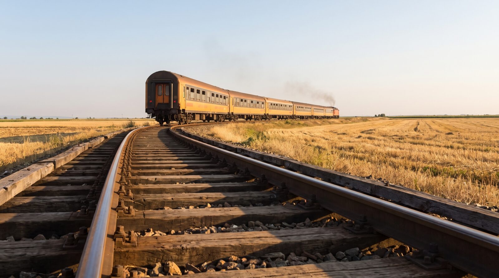 A passenger train crossing open farmland under a wide sky