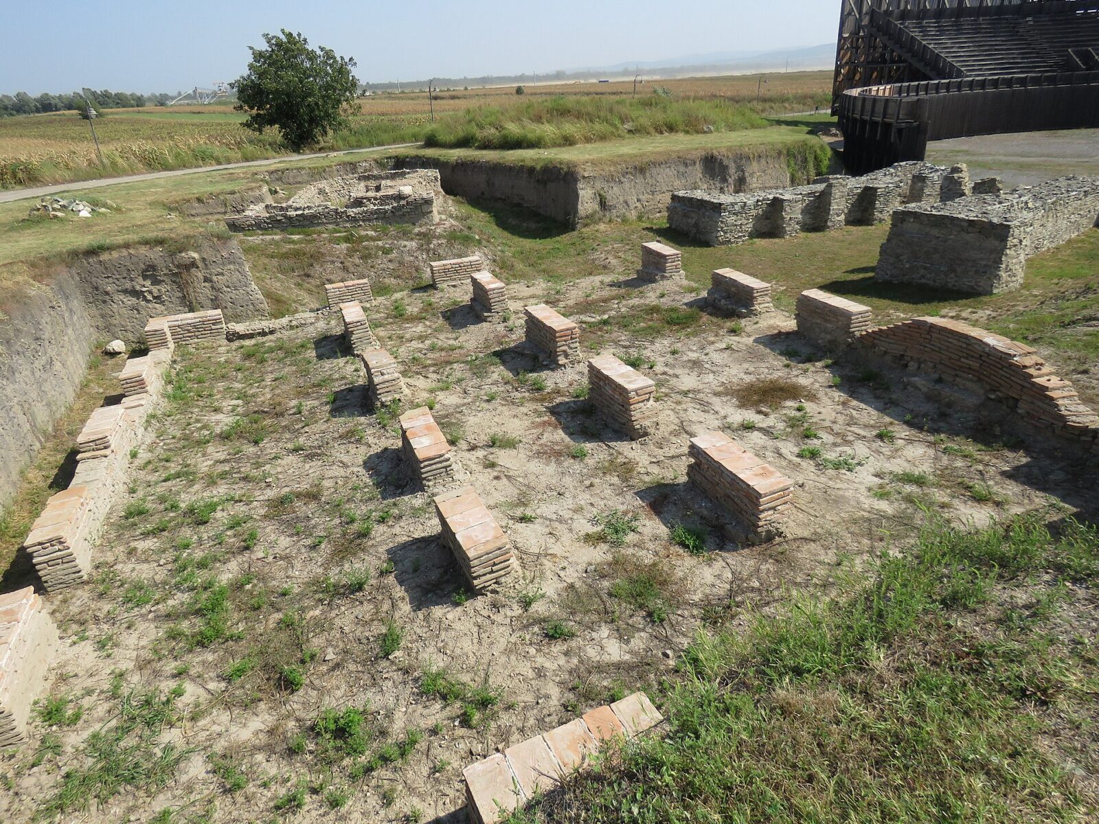 Excavated foundations at the edge of Viminacium's archaeological park, with open fields toward the Danube corridor beyond