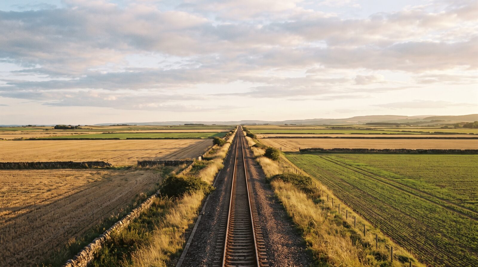 The flat plain of Vojvodina crossed by a railway line under a wide sky