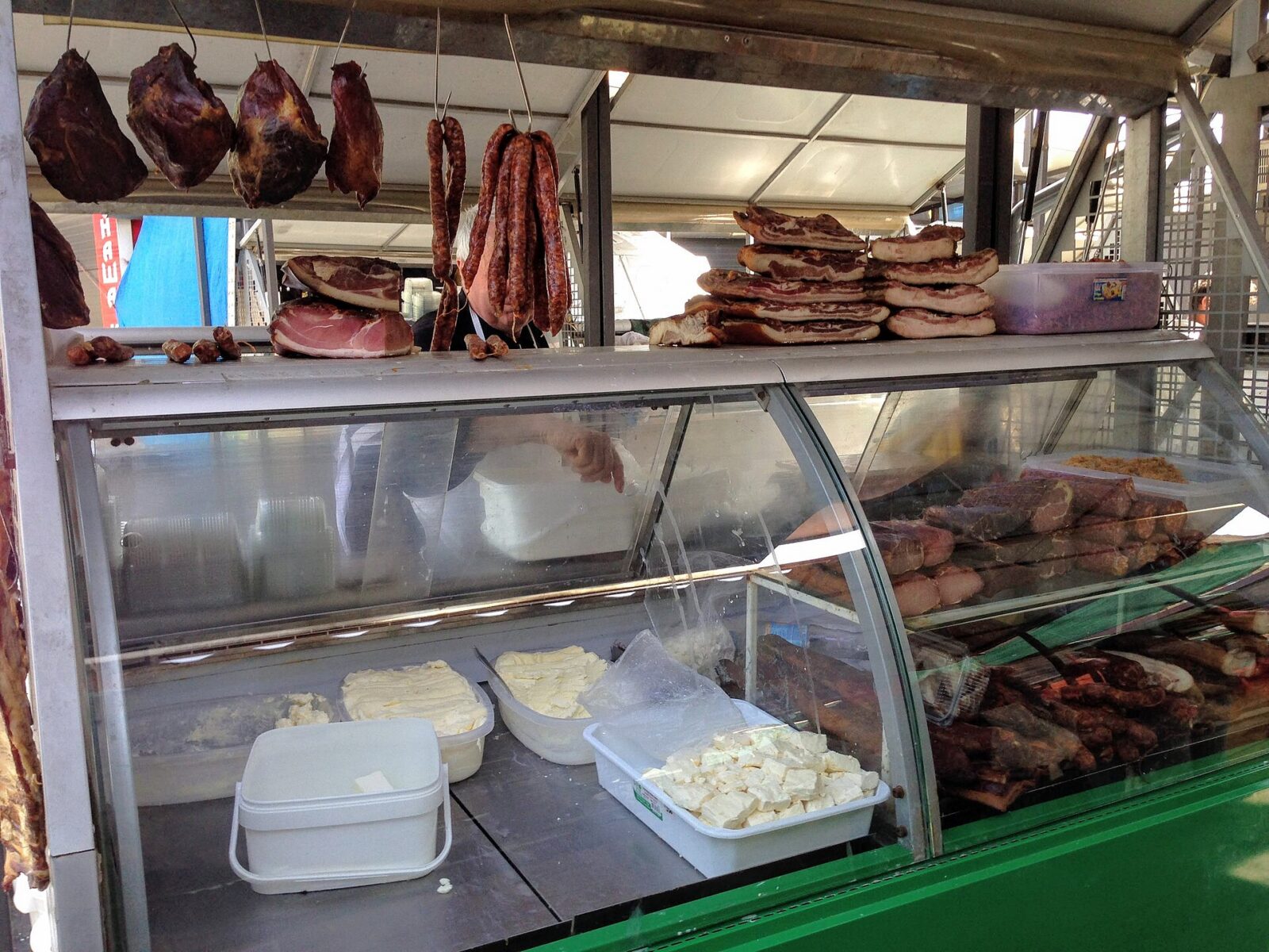 Market stalls in Zemun, the old town north of central Belgrade, with produce laid out for sale